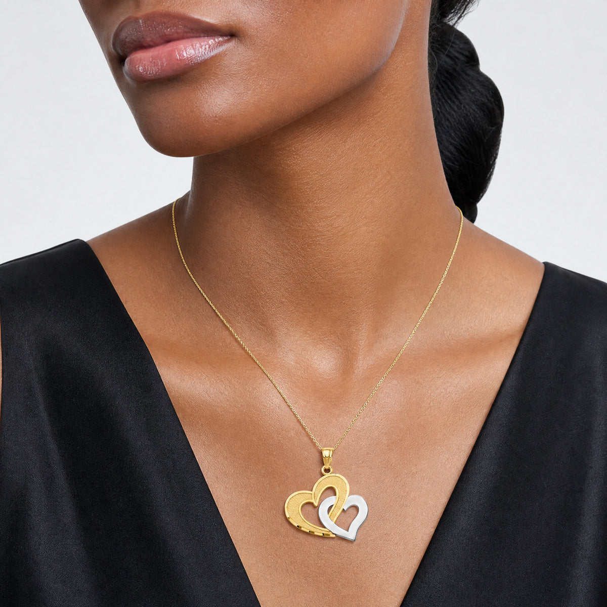 10K w/Rhodium Double Heart Pendant - Model Shot
