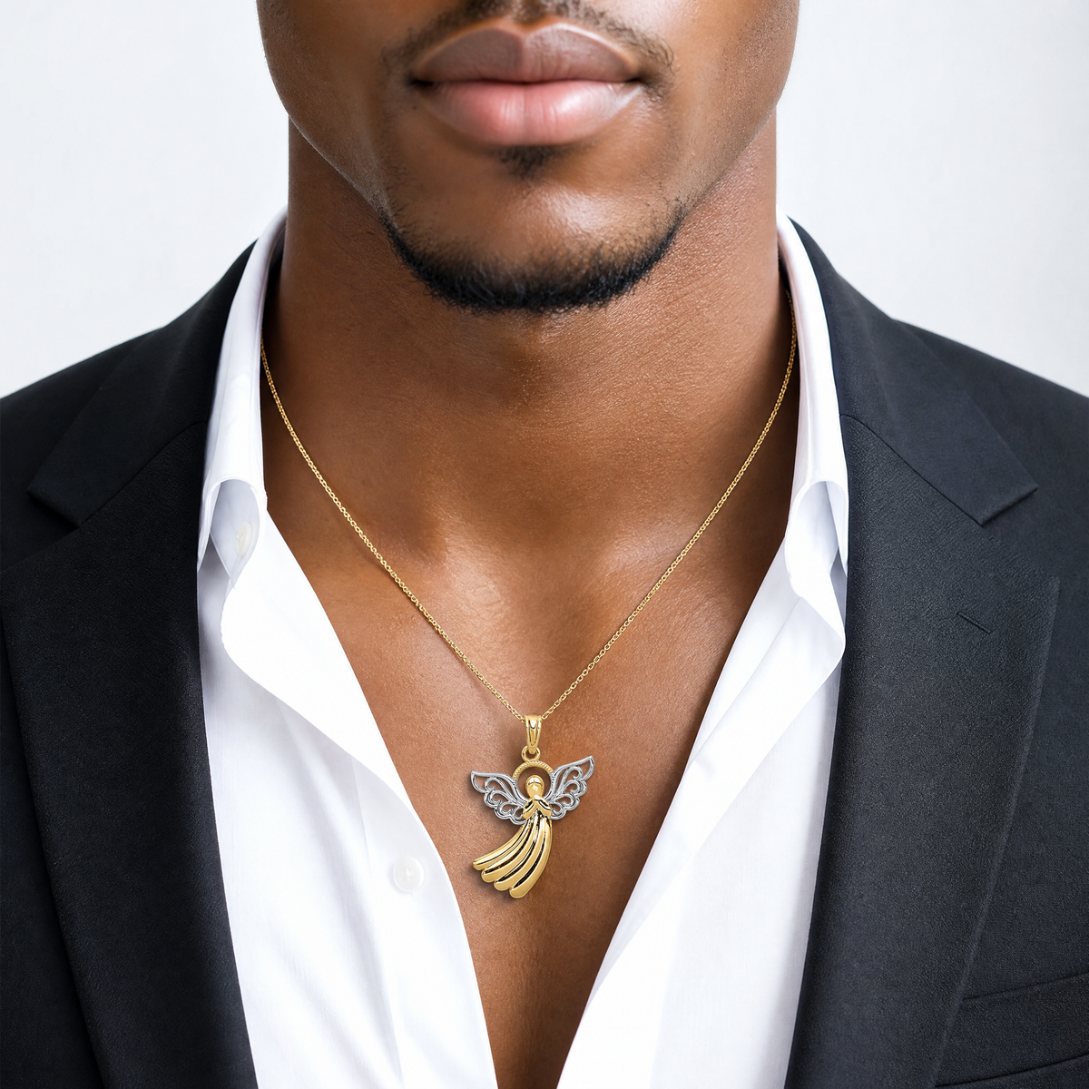 10k w/Rhodium Filigree Angel Pendant - Model Shot