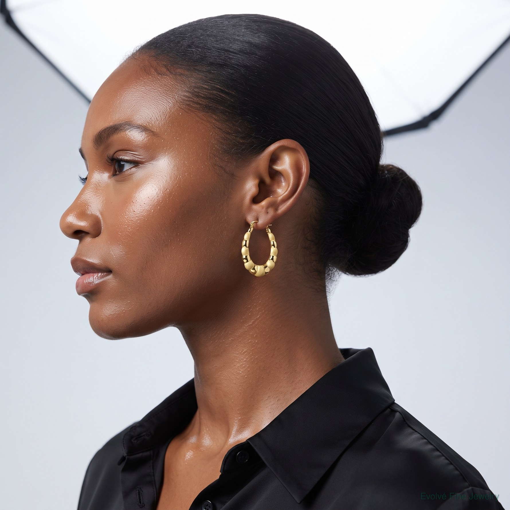 10k Satin and Polished Hollow Fancy Earrings - Model Shot