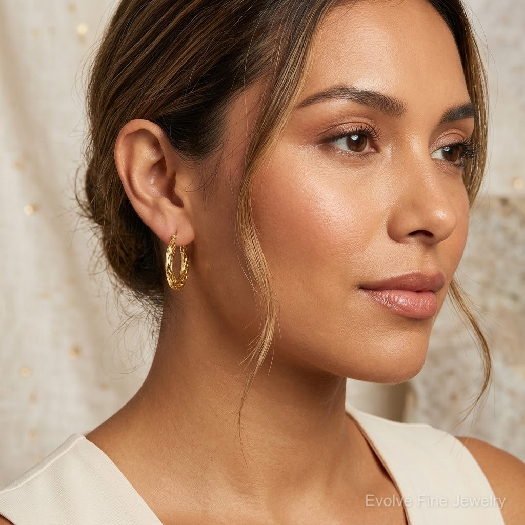 10k Patterned Hollow Hoop Earrings - Model Shot