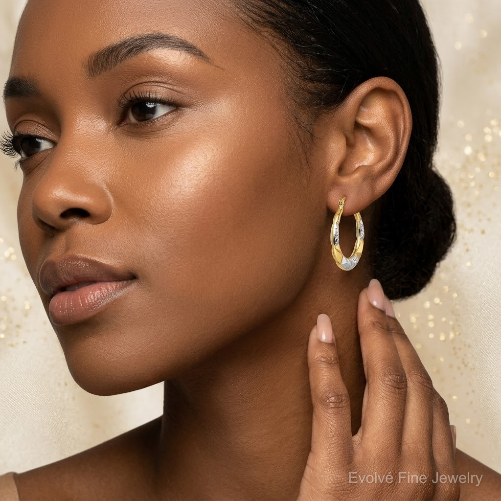10K and Rhodium Hollow Hoop Earrings - Model Shot