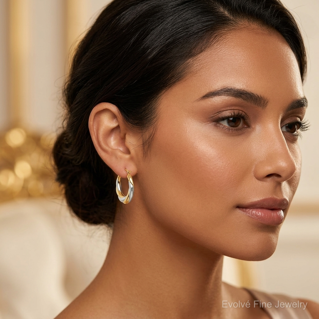 10K & Rhodium Twist Hollow Hoop Earrings - Model Shot