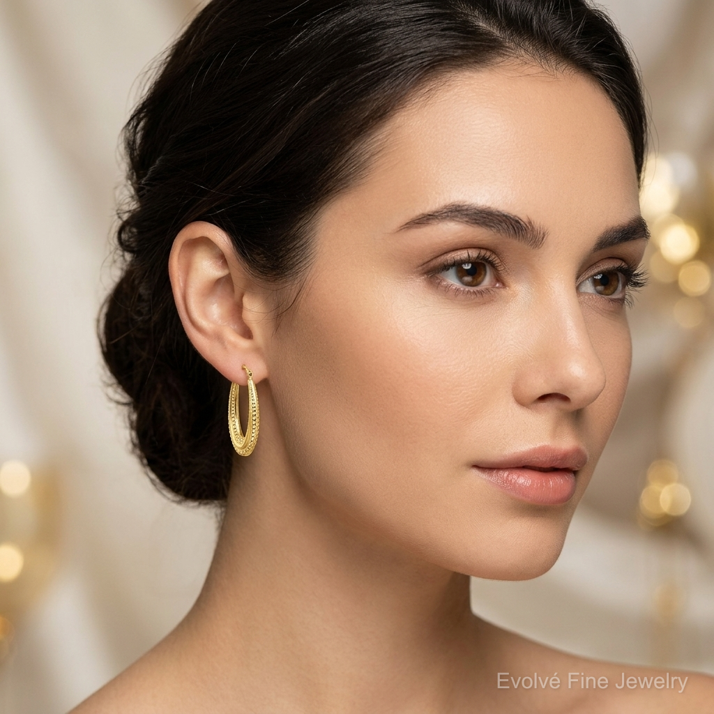 10K Textured Oval Hollow Hoop Earrings - Model Shot