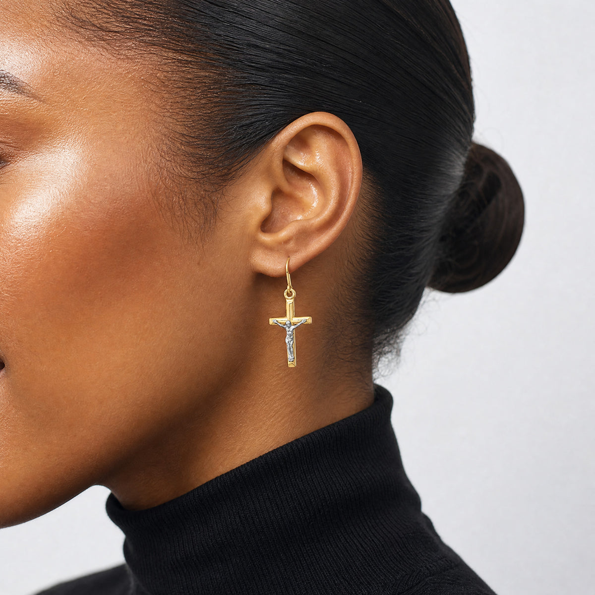 10k Two-tone Polished Crucifix Earrings - Model Shot