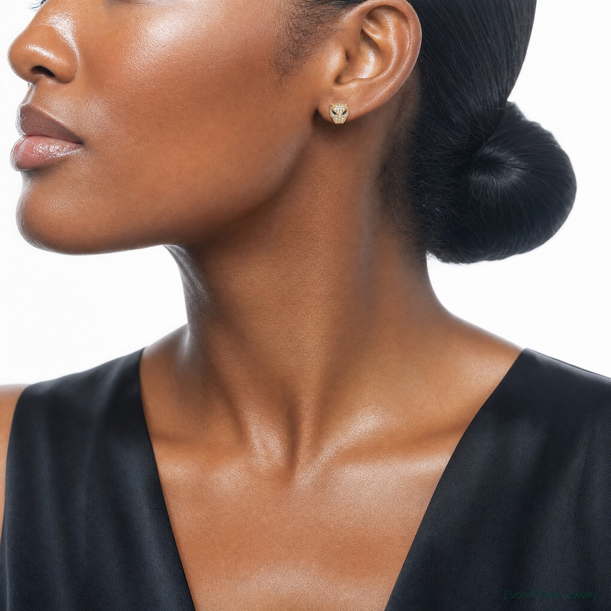10K Polished Clear & Green CZ Lioness Head Post Earrings - Model Shot