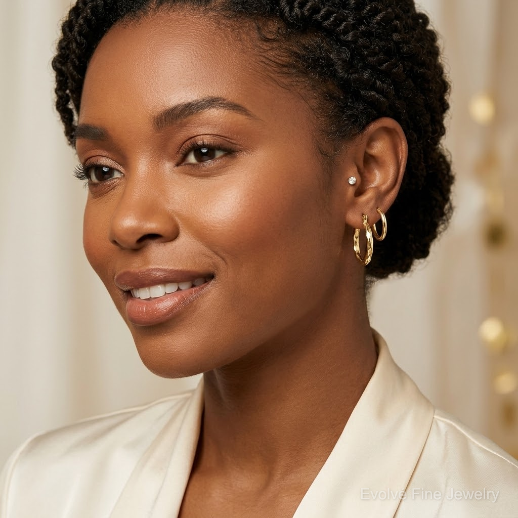 10k D/C and Textured Set of Two Pairs Hoop Earrings - Model Shot