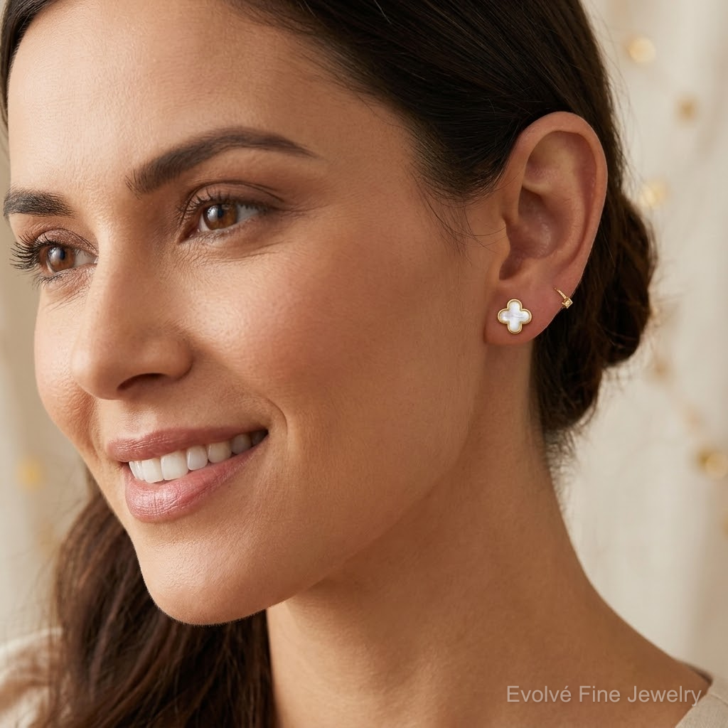 10k Polished Mother of Pearl Clover Post Earrings - Model Shot