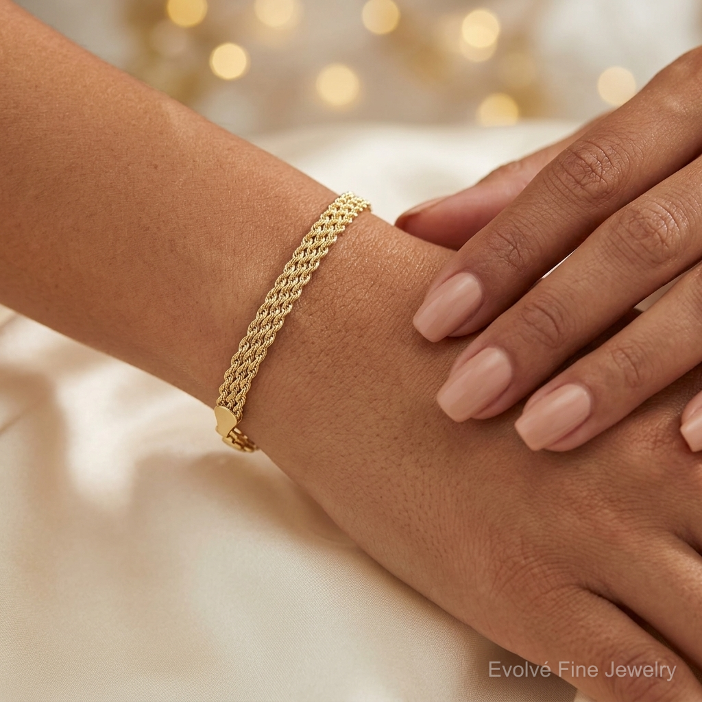10k 4.5mm Wide Triple Strand Rope Bracelet - Model Shot