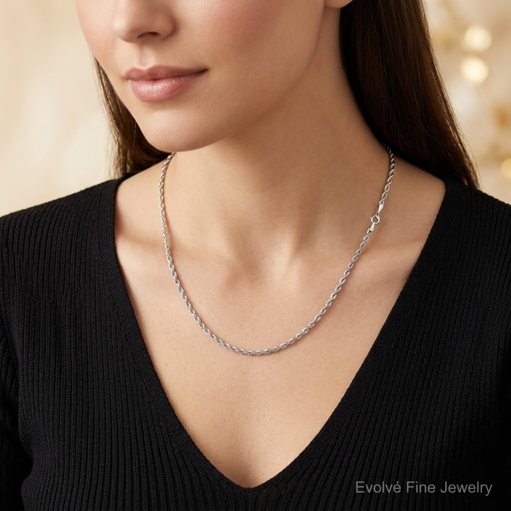 10k White Gold 1.5mm Diamond-cut Rope Chain - Model Shot