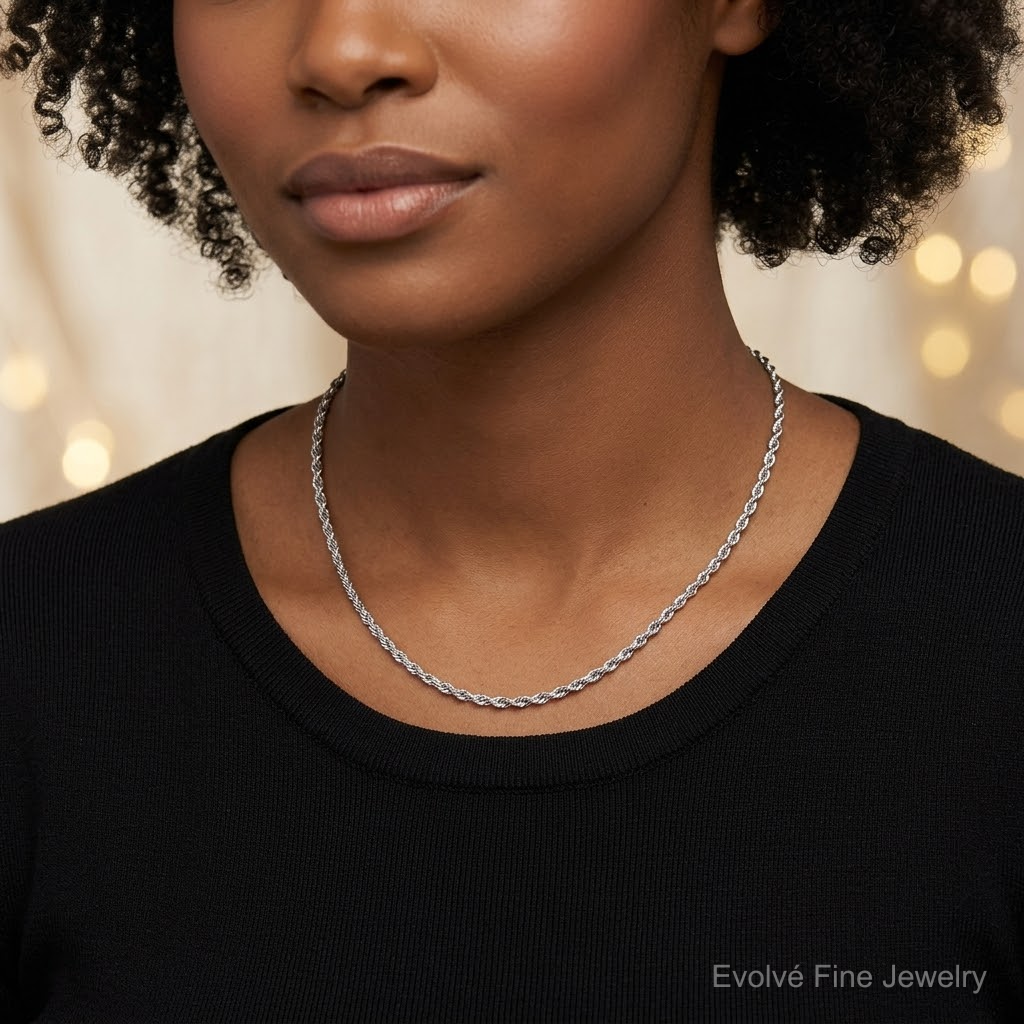10k White Gold 3.5mm Diamond-cut Rope Chain - Model Shot
