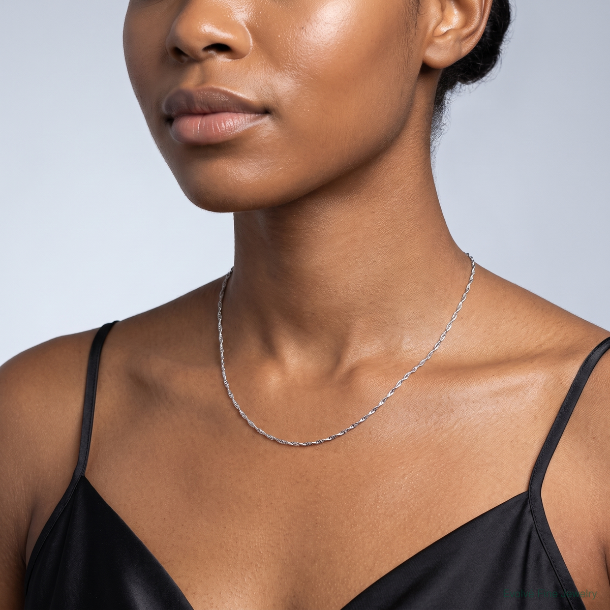 10k White Gold 1mm Carded Singapore Chain - Model Shot