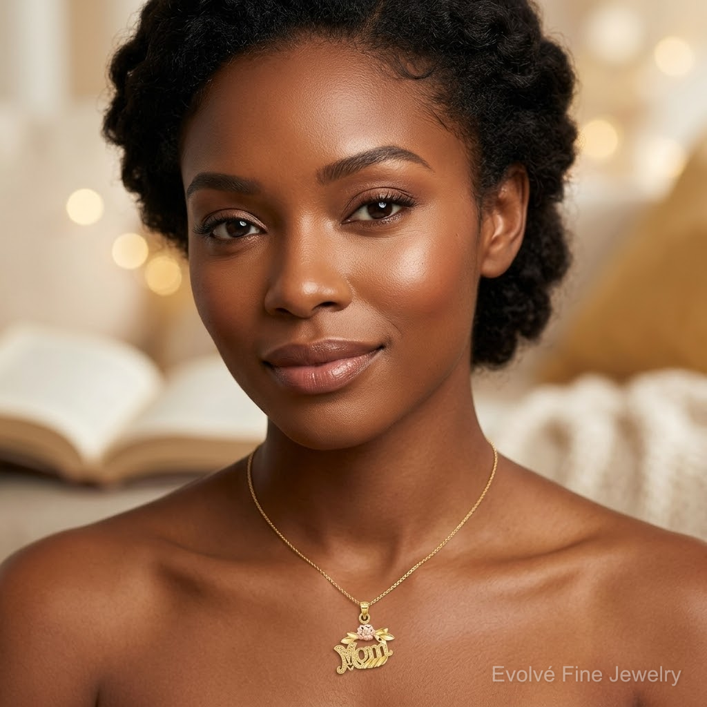10k Two-Tone Textured Scroll w/ Flower MOM Charm - Model Shot
