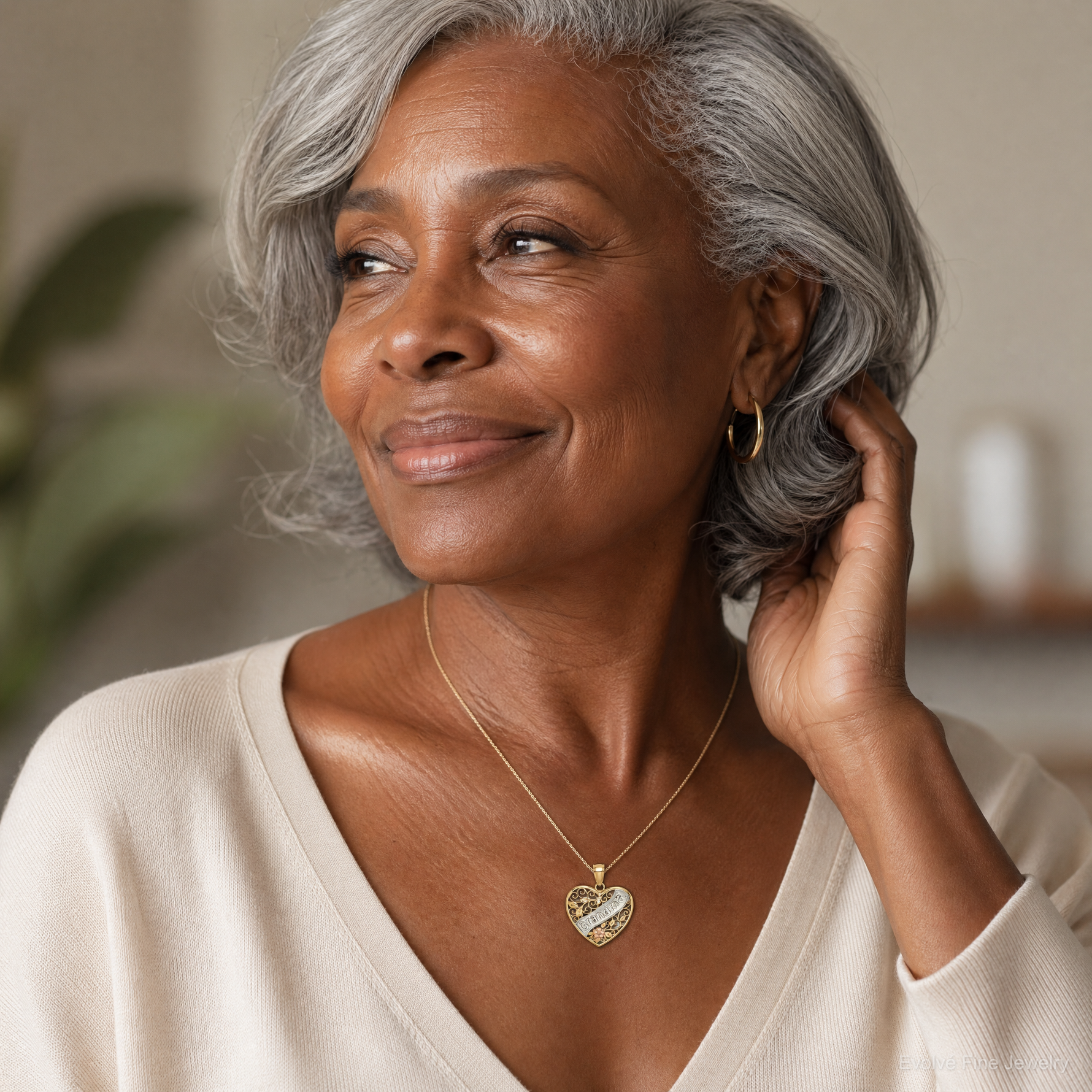 10K Two-tone w/White Rhodium GRANDMA Heart Charm - Model Shot