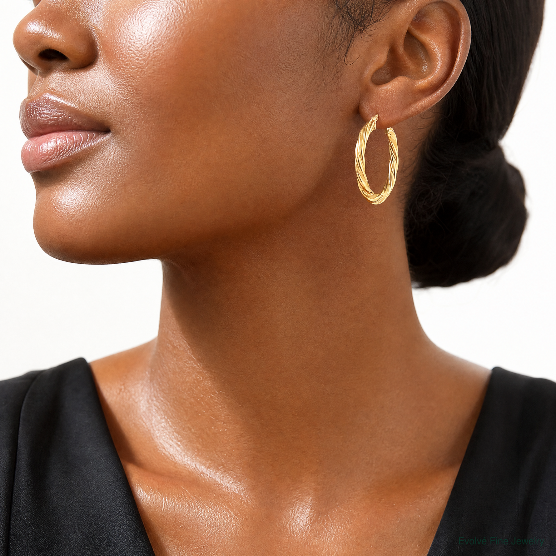 10k 5mm Satin & Polished Twisted Hoop Earrings - Model Shot