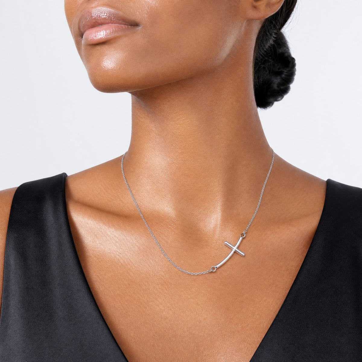 10k White Gold Large Sideways Curved Cross Necklace - Model Shot