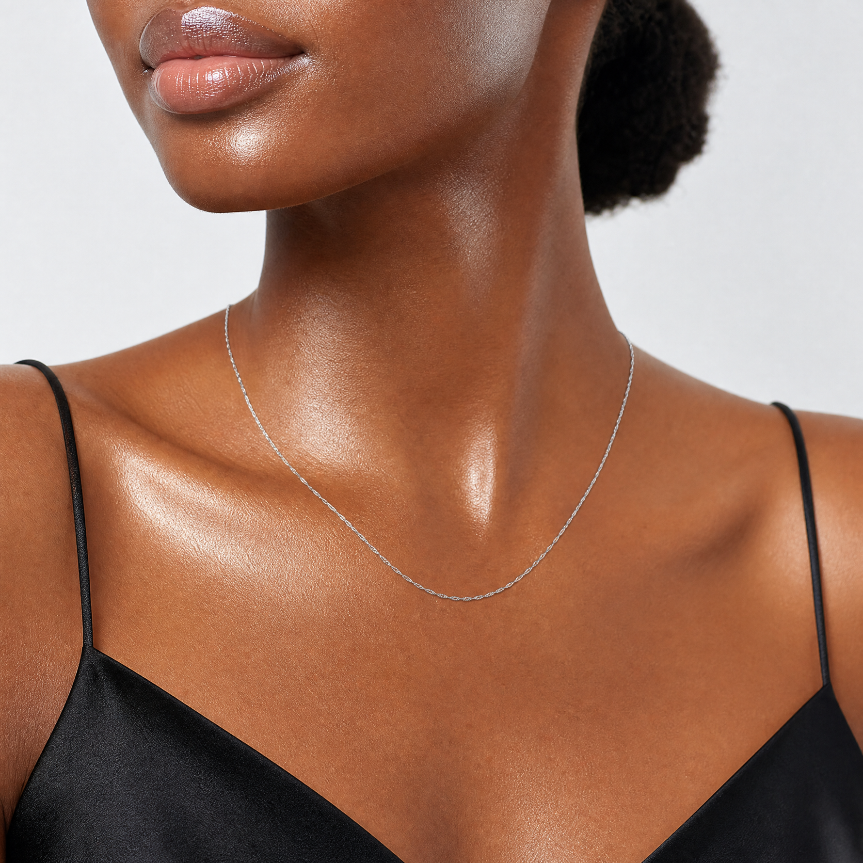 14k White Gold 1mm Carded Singapore Chain - Model Shot