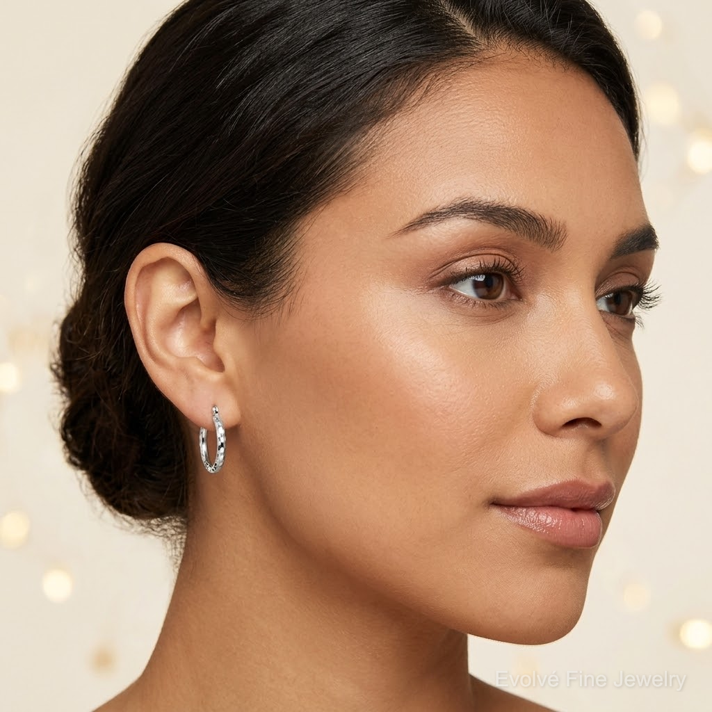 10k White Gold Diamond-cut 2mm Round Tube Hoop Earrings - Model Shot