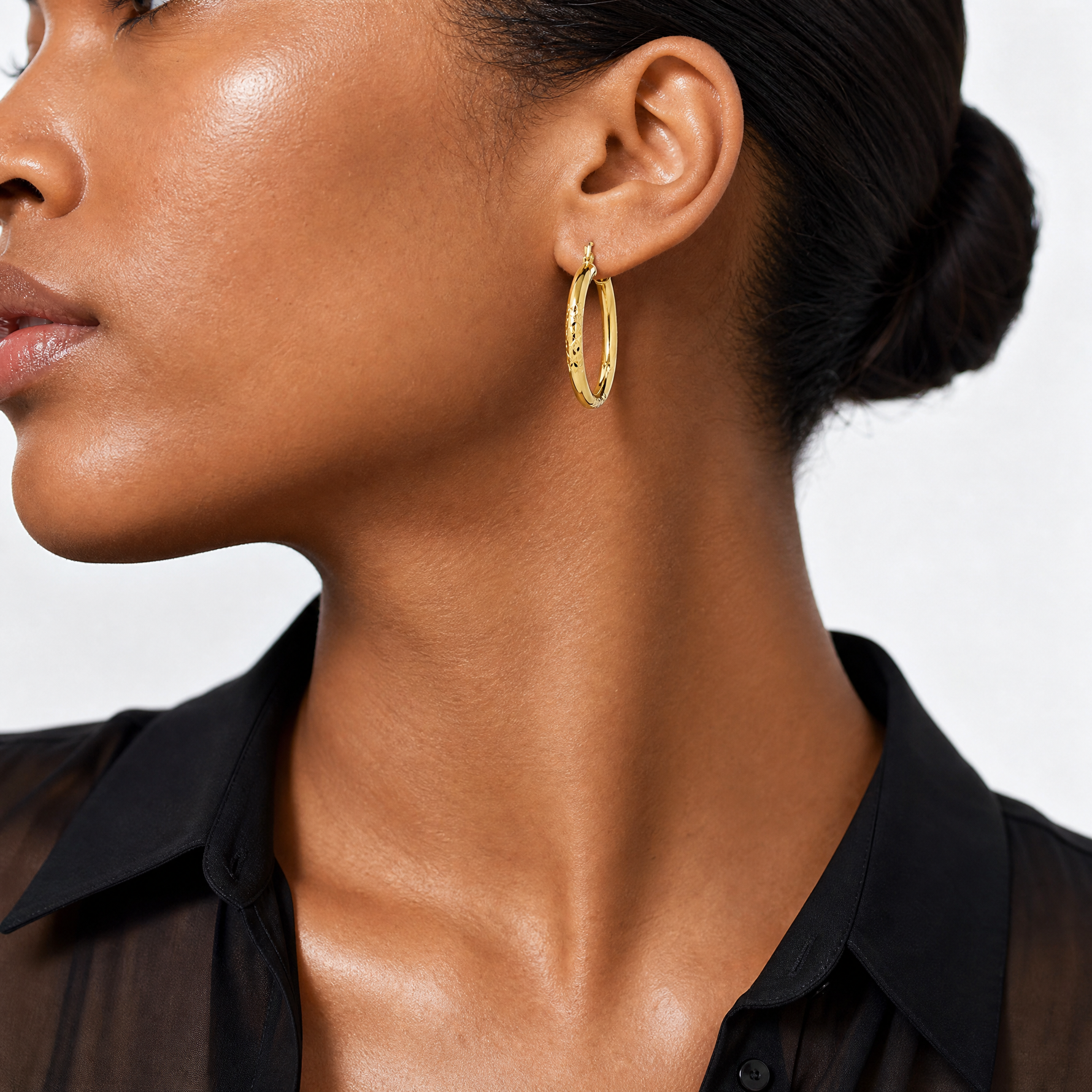 10K Diamond Cut 3x30mm Hollow Tube Hoop Earrings - Model Shot
