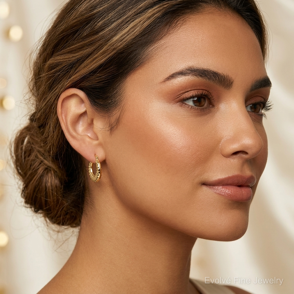 10K Scalloped Hollow Hoop Earrings - Model Shot