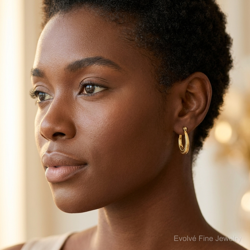 10K Scalloped Textured Hollow Hoop Earrings - Model Shot