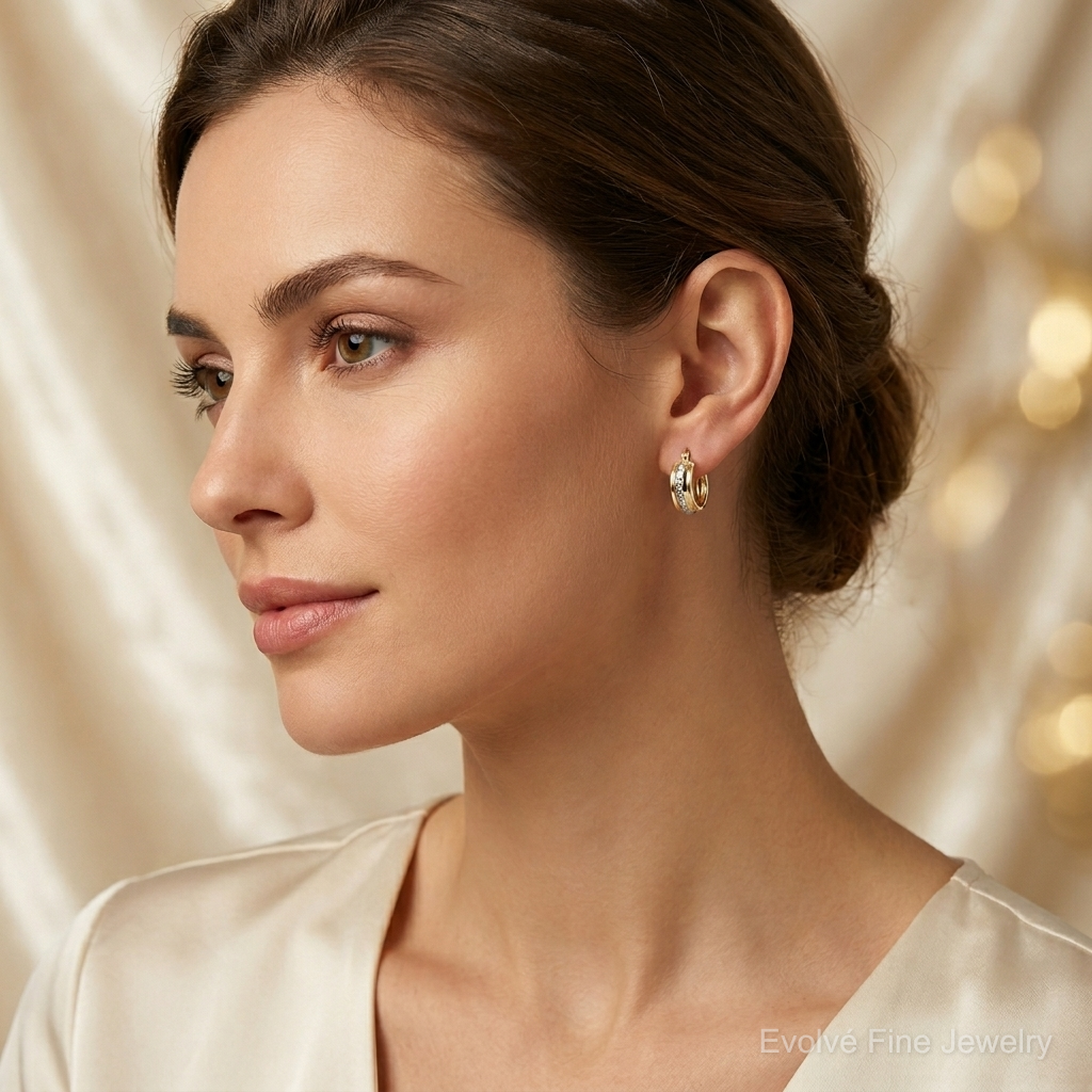 10K & Rhodium Diamond Cut Small Hoop Earrings - Model Shot