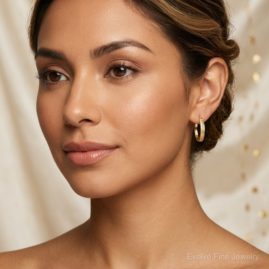 10K Brushed Diamond Cut Oval Hoop Earrings - Model Shot