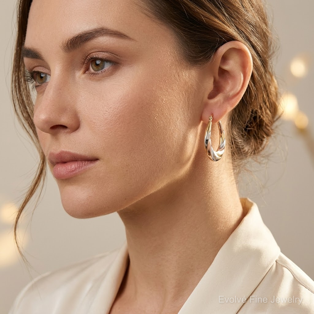 10K and Rhodium Oval Scalloped Hollow Hoop Earrings - Model Shot