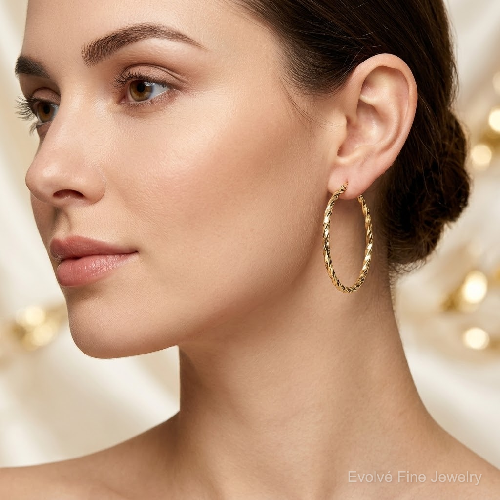 10K Twisted Diamond Cut 35mm Hoop Earrings - Model Shot