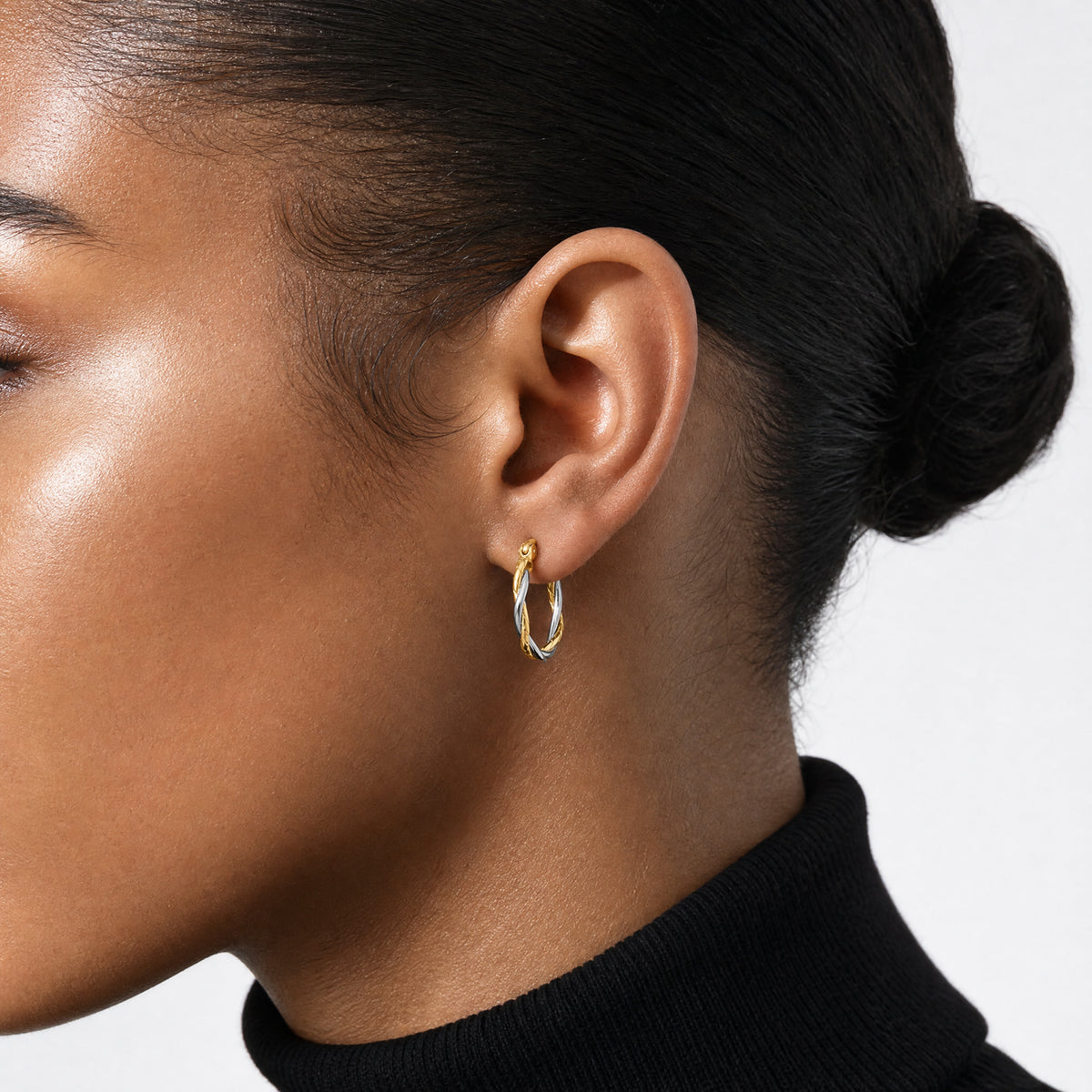 10k Two-tone Polished 1.8mm Twisted Hoop Earrings - Model Shot