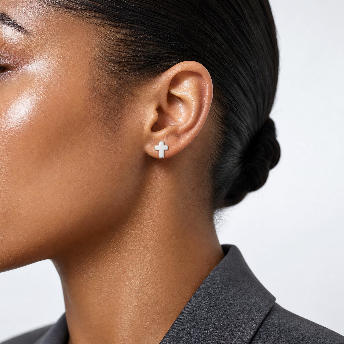 10k White Gold Polished Cross Post Earrings - Model Shot