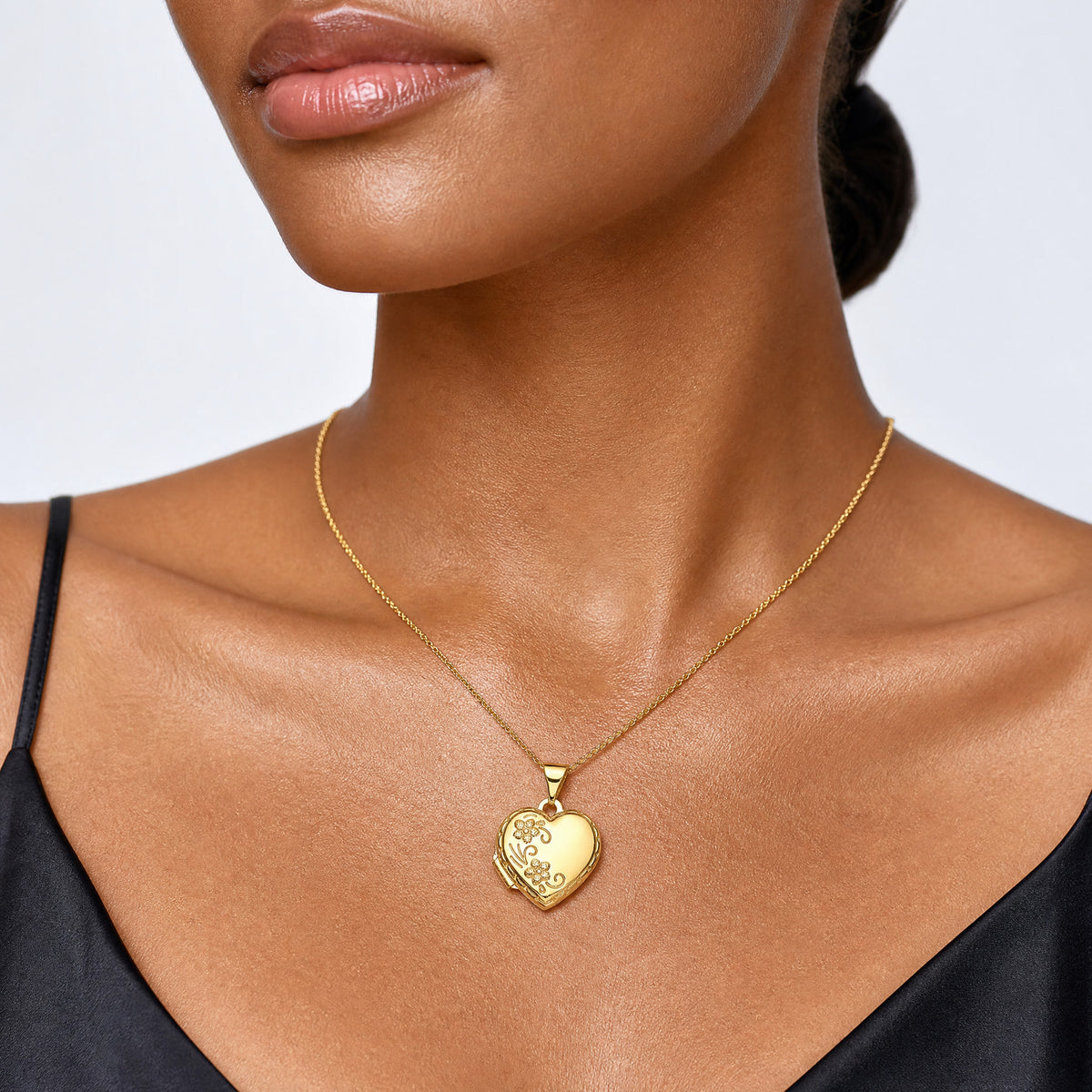 10k Reversible Floral Heart Locket - Model Shot