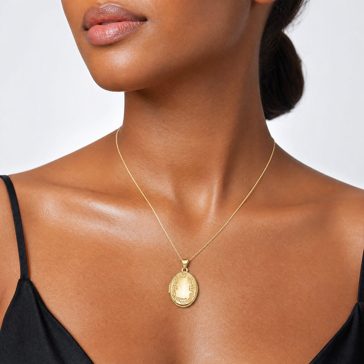 10k 17mm Oval Leaf Floral Hand Engraved Locket - Model Shot