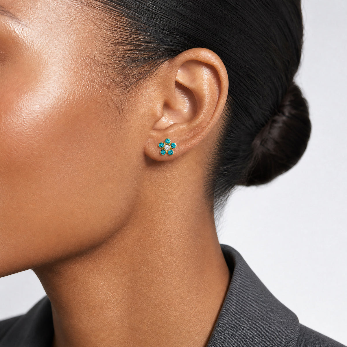 Inverness 14k December Blue Crystal Birthstone Flower Earrings - Model Shot