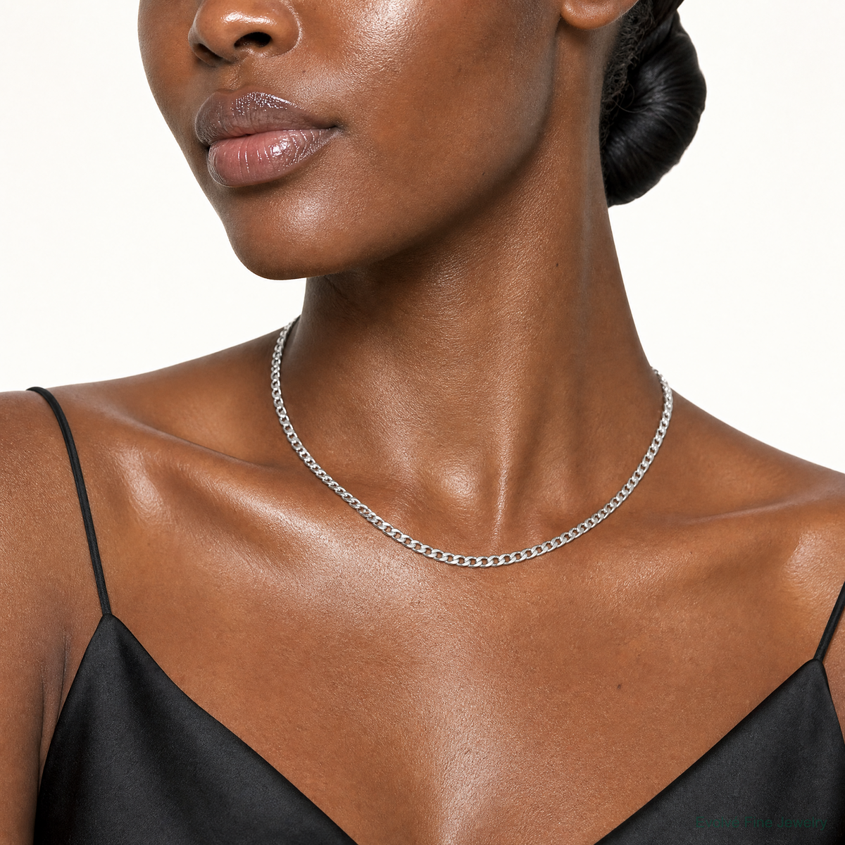 14k White Gold 3.35mm Semi-Solid Curb Chain - Model Shot