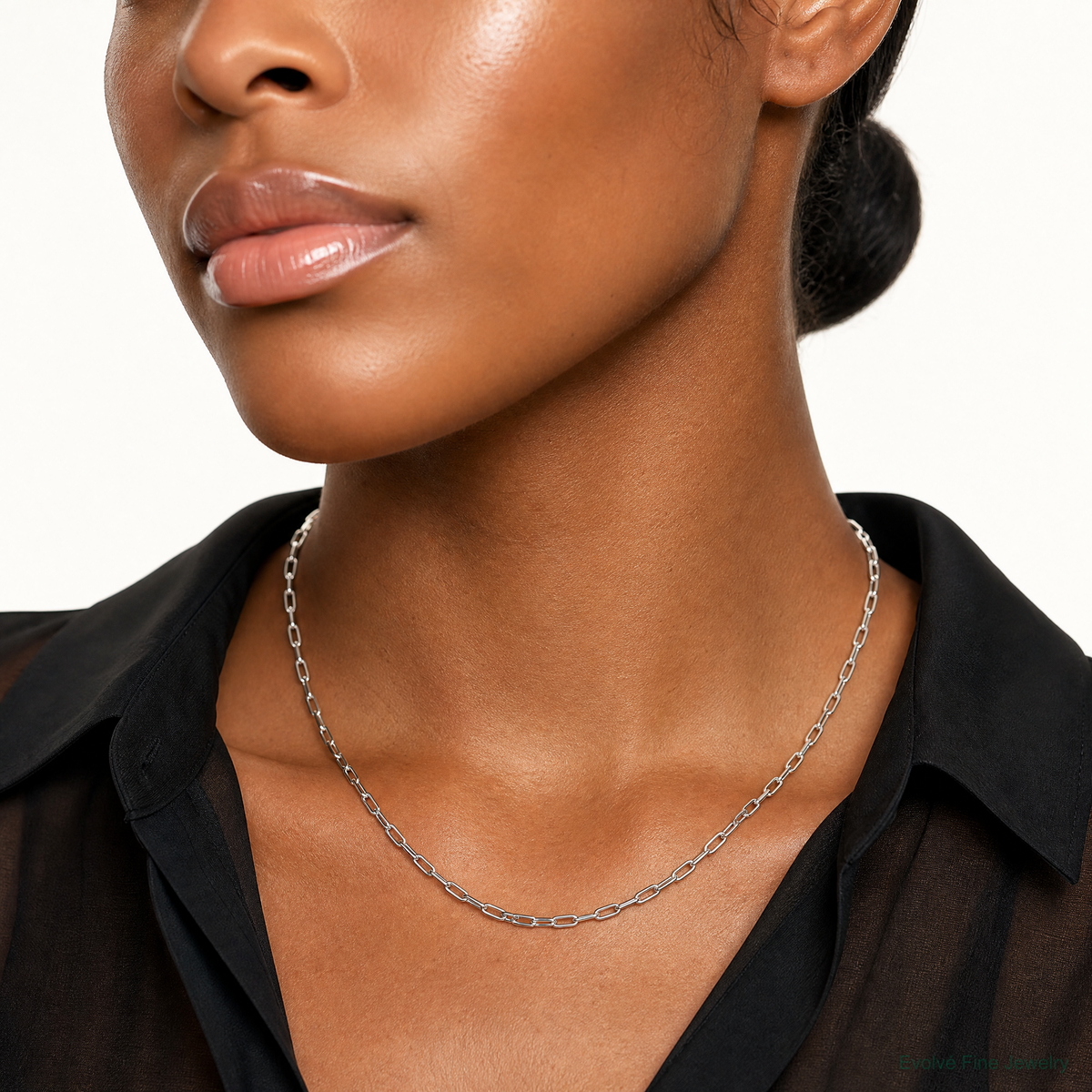 14k White Gold 3.0mm Semi-Solid Beveled Paperclip Chain - Model Shot