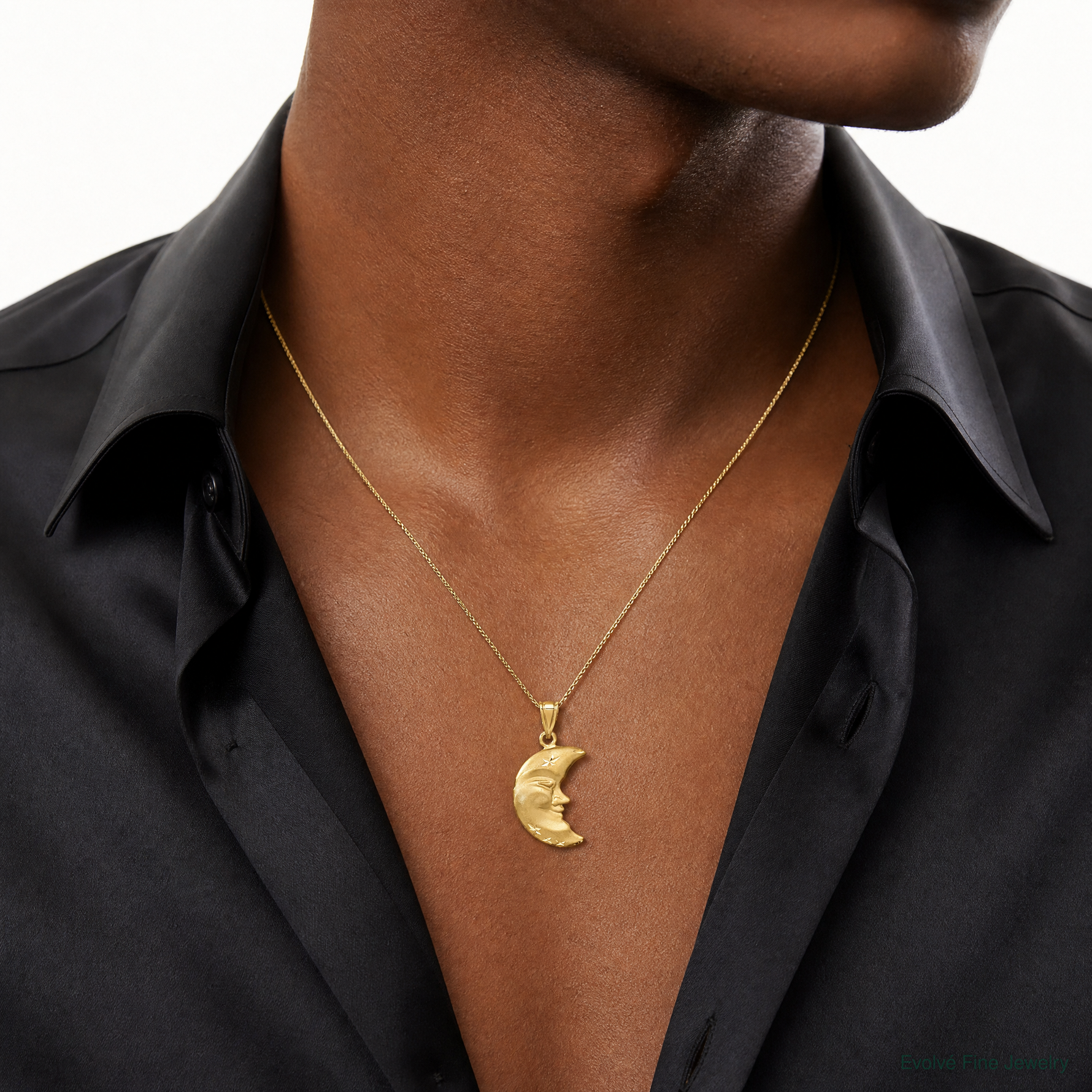 14k Satin Diamond-cut Moon Charm - Model Shot