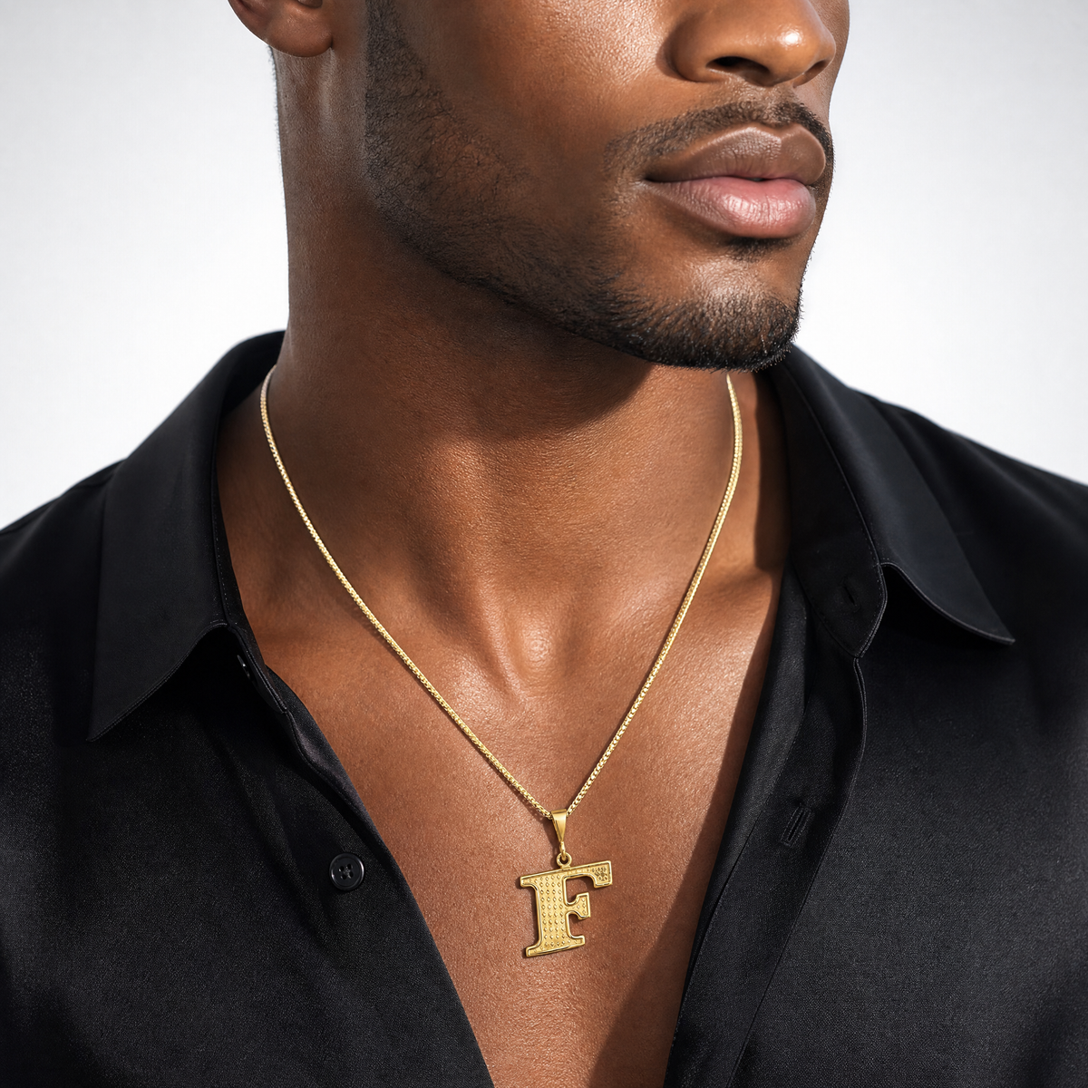 14k Textured Initial F Charm - Model Shot