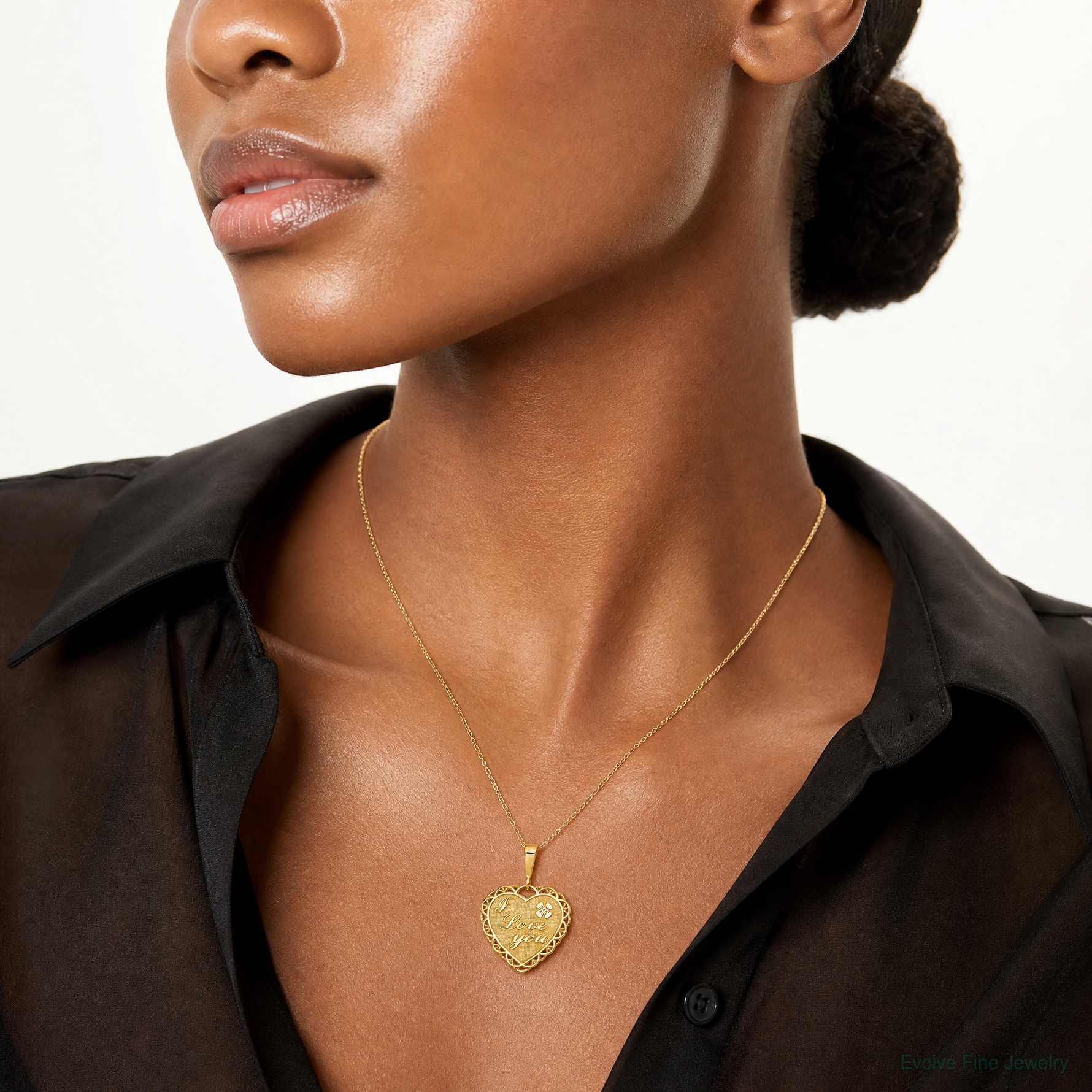 14k Reversible I LOVE YOU Heart Pendant - Model Shot