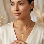 14K Satin and Diamond -Cut Cross Pendant - Model Shot