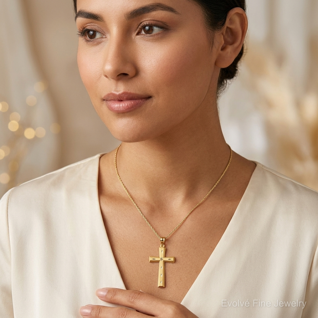 14K Satin and Diamond -Cut Cross Pendant - Model Shot