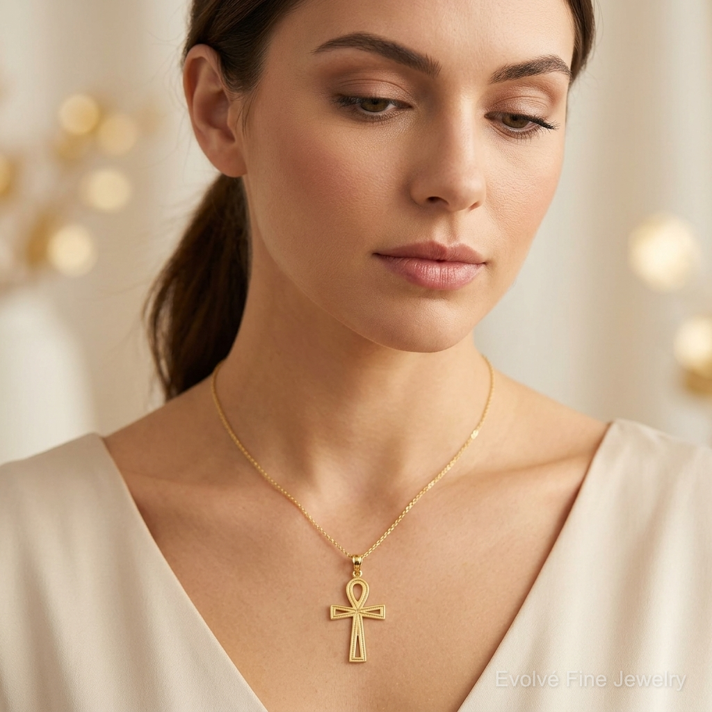 14k Ankh Cross Charm - Model Shot