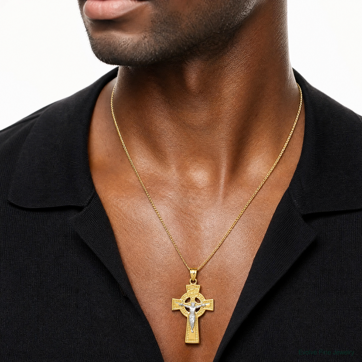 14k Two-tone INRI Celtic Crucifix Pendant - Model Shot