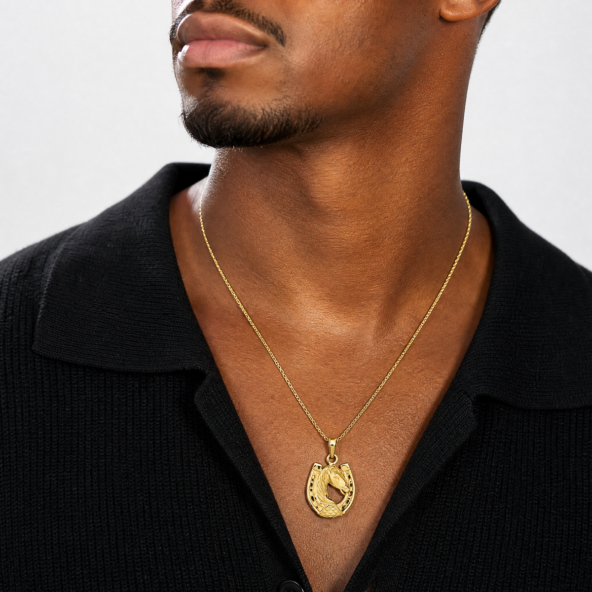 14k Solid Polished Horse Head in Horseshoe Pendant - Model Shot