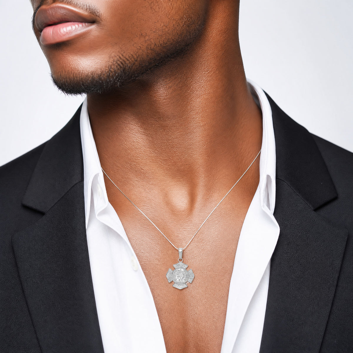 14K White Gold Small St. Florian Badge Pendant - Model Shot