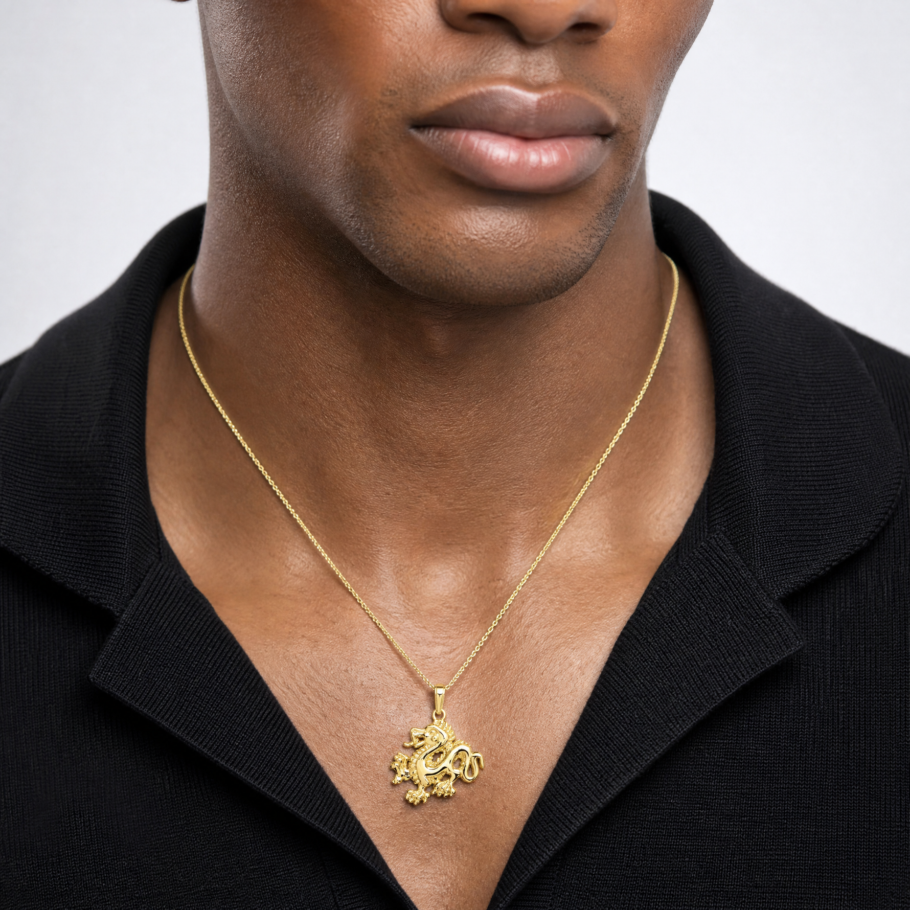 14k Solid Polished Dragon Pendant - Model Shot