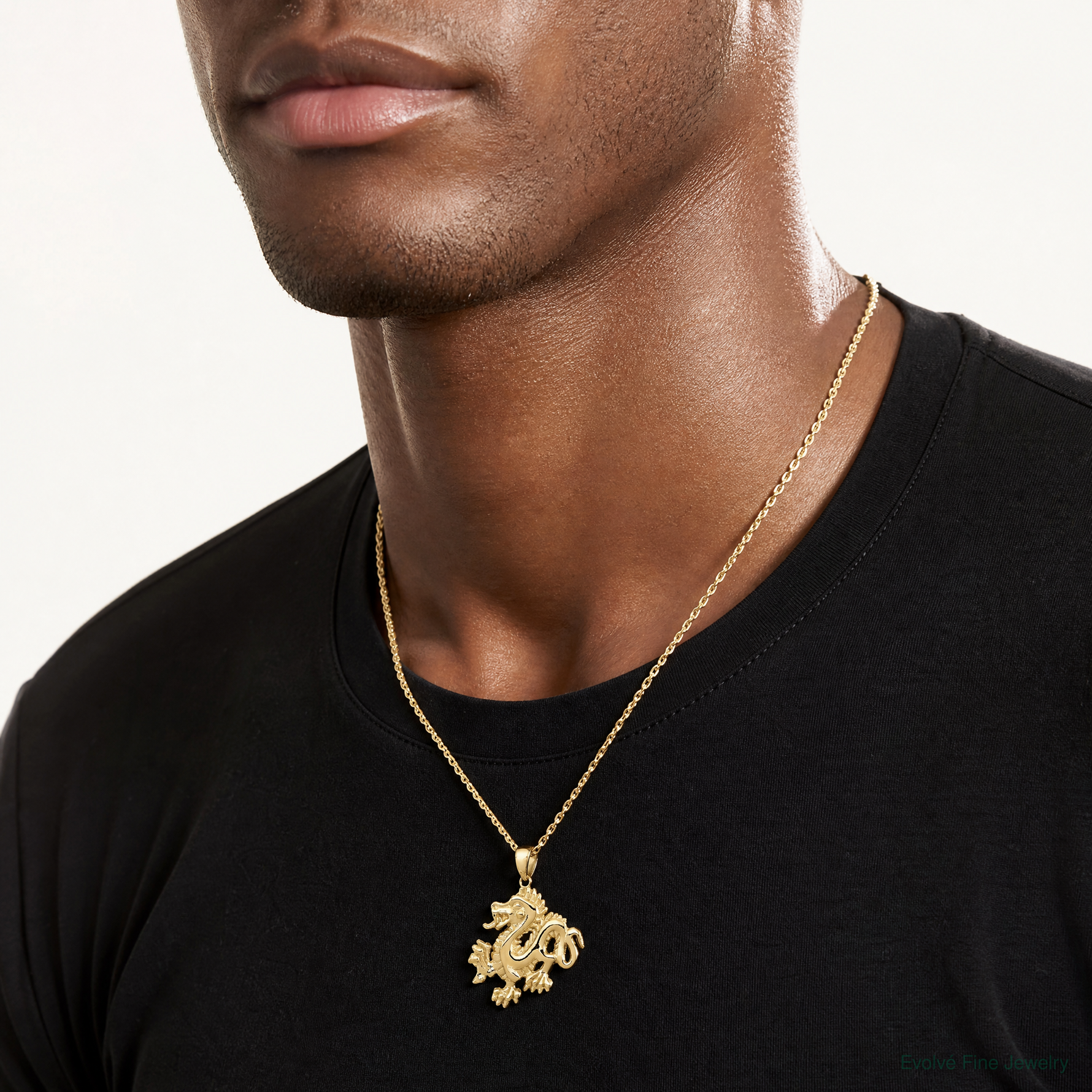 14k Solid Polished Dragon Pendant - Model Shot