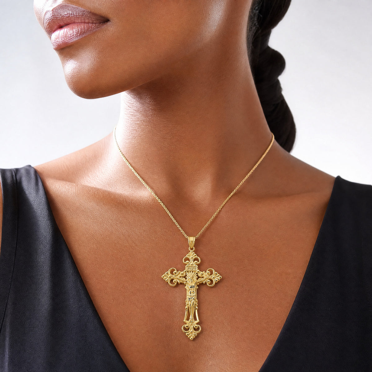 14k INRI Fleur De Lis Crucifix Pendant - Model Shot