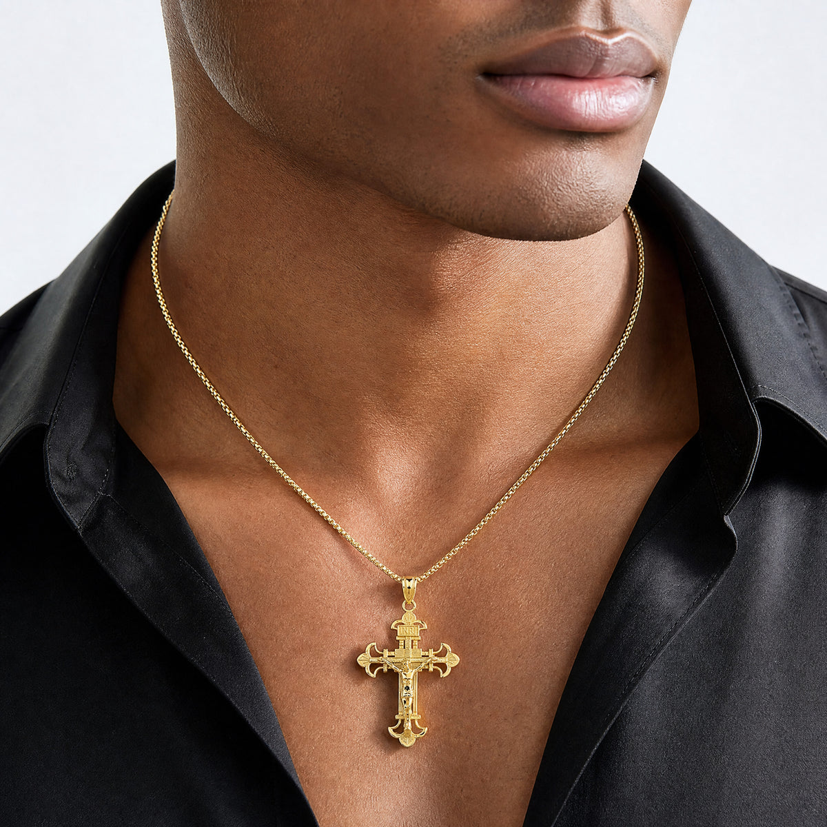 14k INRI Fleur De Lis Crucifix Pendant - Model Shot