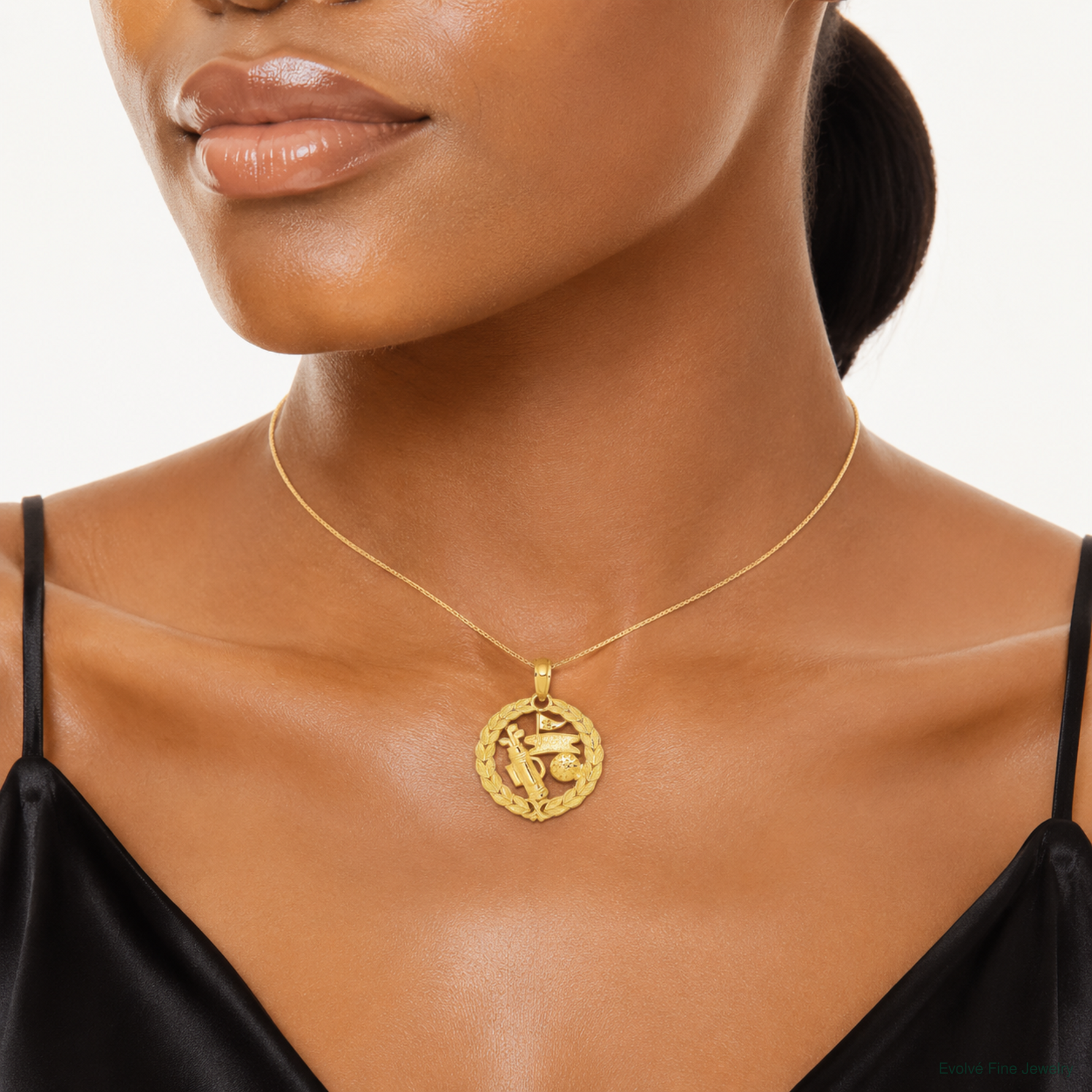 14k Solid Polished Golf Theme Pendant - Model Shot