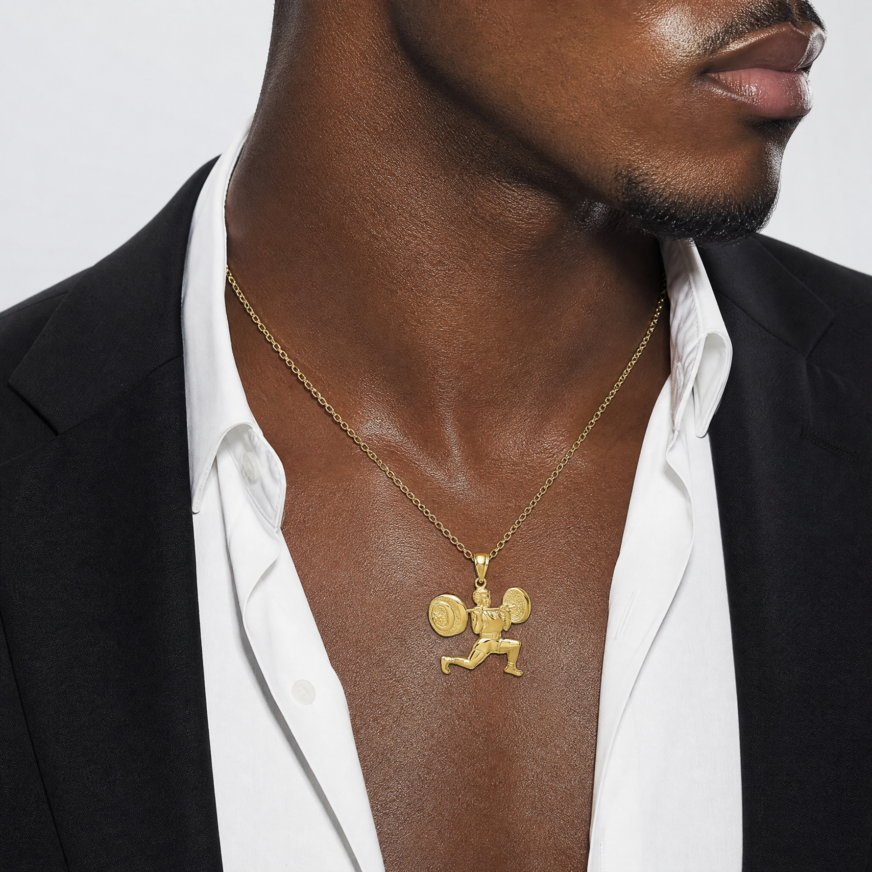 14k Solid Polished Weightlifter Pendant - Model Shot